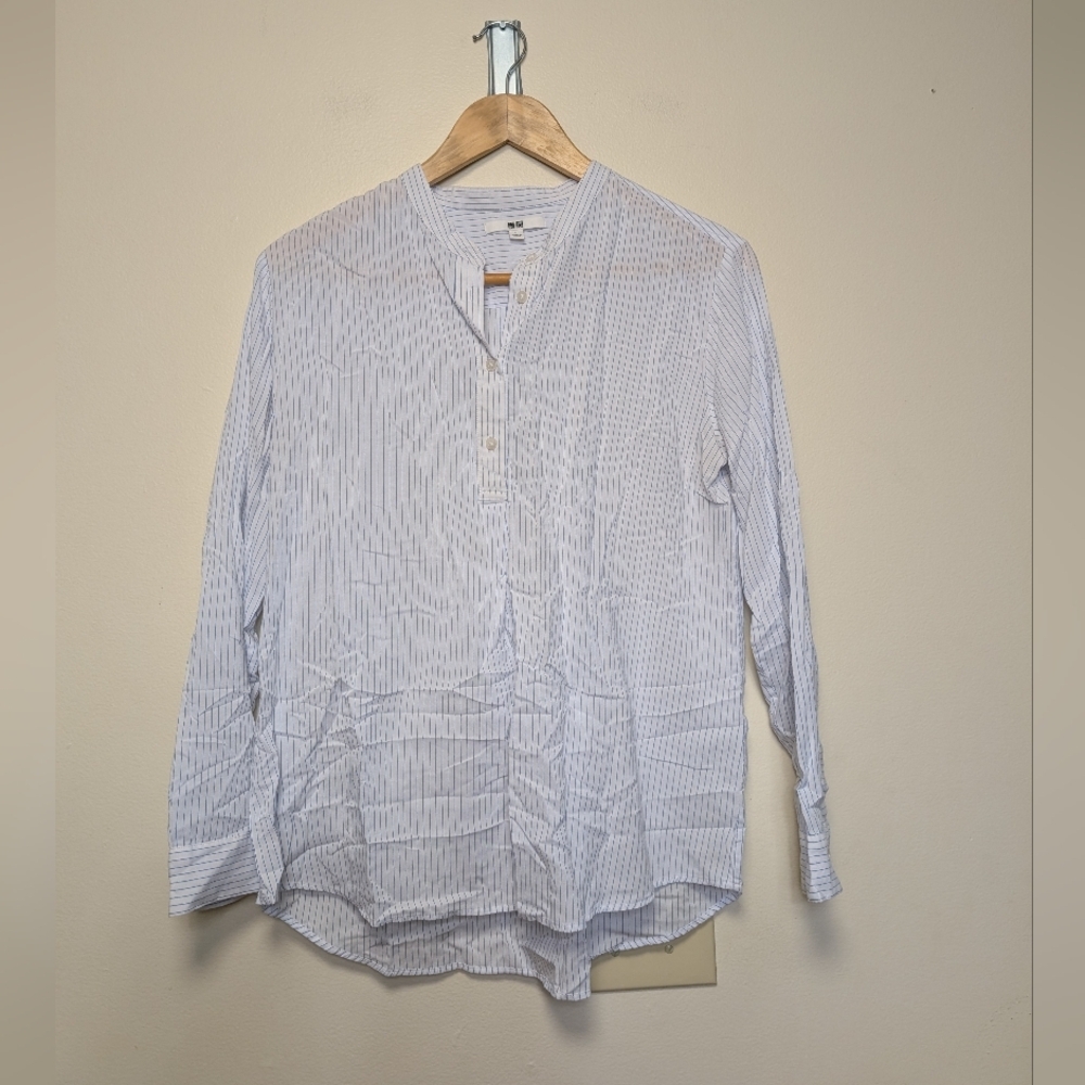 Uniqlo Blue White Striped Long Sleeve Band Collar Blouse Women’s L Rayon Blend
